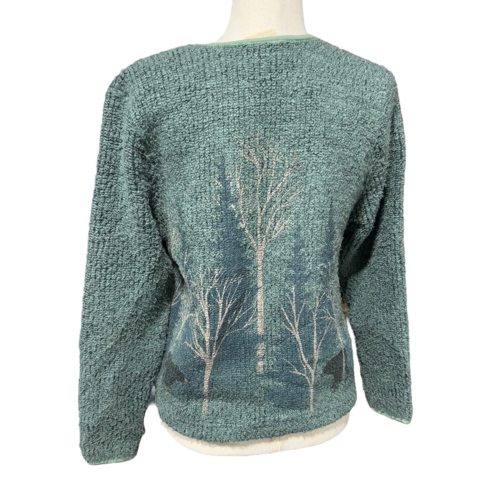 Artisans Forest Cabincore Cardigan Size S Bear Print Grandpa Green Kitschy Paint - Picture 9 of 13